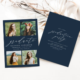 Elegante Script Navy 4 Foto Graduation Party Einladung