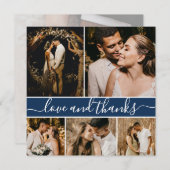 Elegante Script Navy 5 Foto Collage Hochzeit Dankeskarte (Vorne/Hinten)