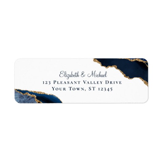Elegante Script Navy Agate Hochzeit Rücksendeadres (Vorne)