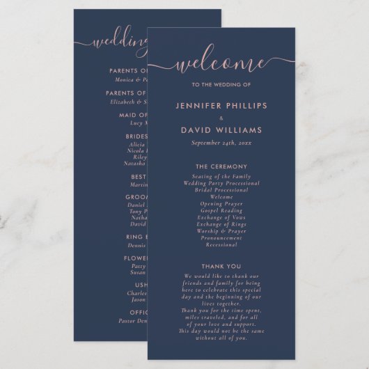 Elegante Script Navy Blue and Blush Wedding Programm (Vorne/Hinten)