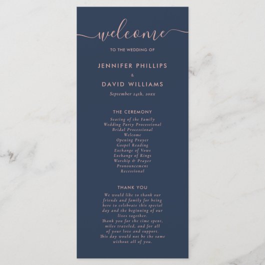 Elegante Script Navy Blue and Blush Wedding Programm (Vorderseite)