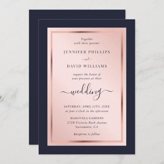 Elegante Script Navy Blue Blush Rose Gold Wedding Einladung (Vorne/Hinten)