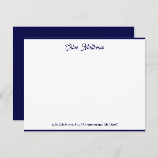Elegante Script Navy Blue Stationery Border Mitteilungskarte (Vorne/Hinten)
