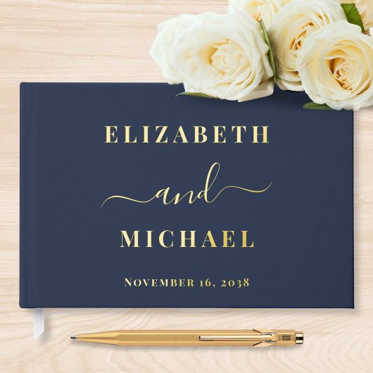 Elegante Script Navy Blue Wedding Gästebuch