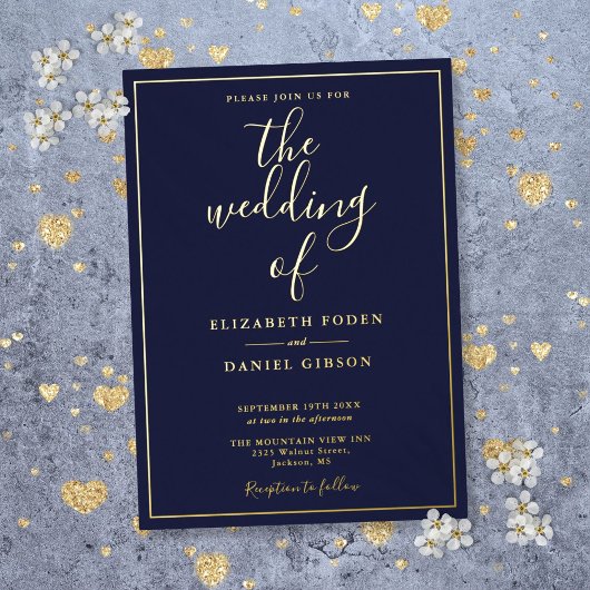 Elegante Script Navy Blue Wedding Gold Foil Folieneinladung