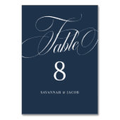Elegante Script Navy Blue Wedding Tischnummer (Vorderseite)