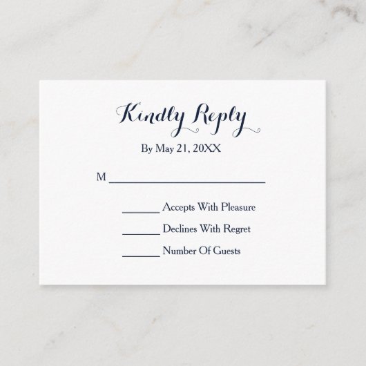 Elegante Script Navy Blue White RSVP Karte (Vorderseite)