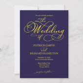 Elegante Script Navy Blue Yellow Wedding Einladung (Vorderseite)