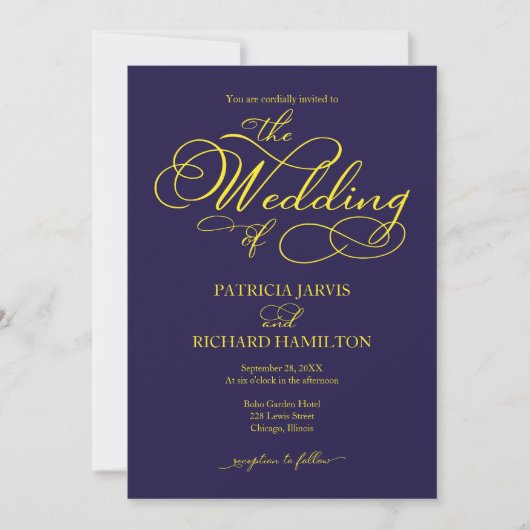Elegante Script Navy Blue Yellow Wedding Einladung (Vorderseite)