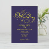 Elegante Script Navy Blue Yellow Wedding Einladung (Stehend Vorderseite)