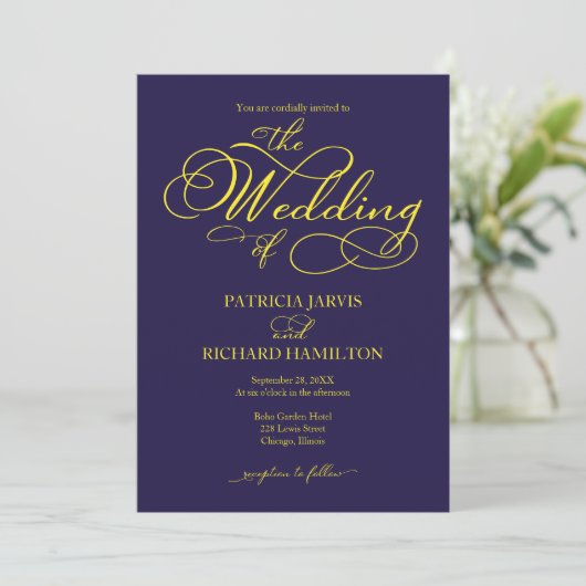 Elegante Script Navy Blue Yellow Wedding Einladung (Stehend Vorderseite)