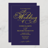 Elegante Script Navy Blue Yellow Wedding Einladung (Vorne/Hinten)
