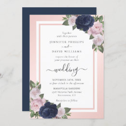 Elegante Script Navy Blush Bloral Hochzeit Einladung