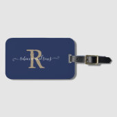 Elegante Script Navy Gold Monogram Name Travel Gepäckanhänger (Vorderseite (Horizontal))