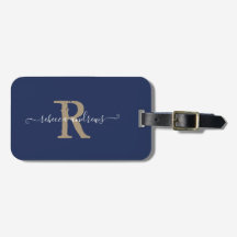 Elegante Script Navy Gold Monogram Name Travel