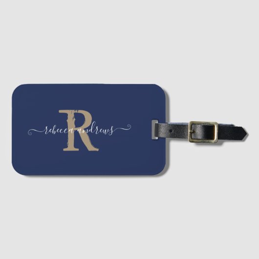 Elegante Script Navy Gold Monogram Name Travel Gepäckanhänger (Vorderseite (Horizontal))