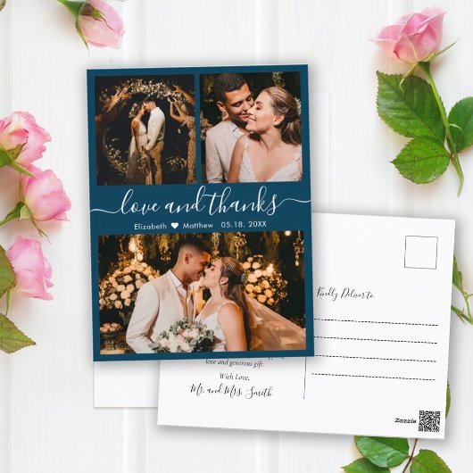 Elegante Script Navy Hochzeit Danke Postcard Postkarte