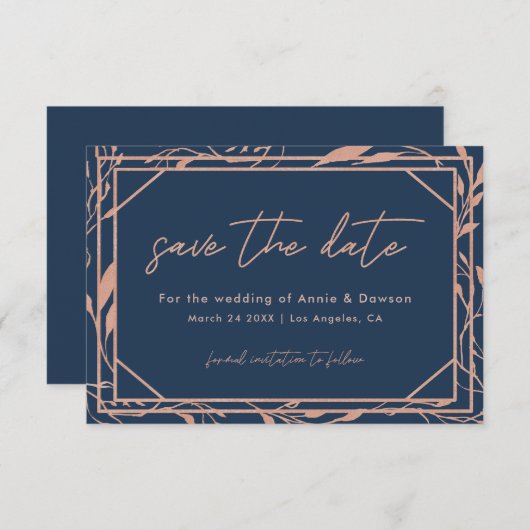 Elegante Script Navy & Rose Gold Wedding Save The Date (Vorne/Hinten)