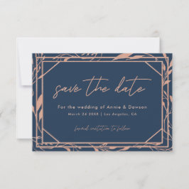 Elegante Script Navy & Rose Gold Wedding Save The Date