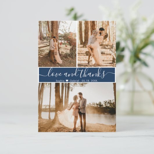 Elegante Script Navy Wedding 3 Foto Collage Dankeskarte (Stehend Vorderseite)