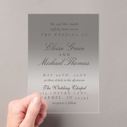 Elegante Script-neutrale Black Gradient-Hochzeit Acryleinladungen (Insitu (Handheld))