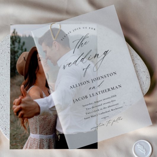 Elegante Script Overlay Wedding Pergament Einladungen