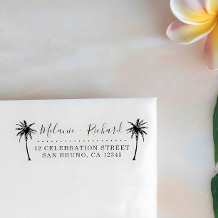 Elegante Script & Palm Trees Hochzeit-Rücksendeadr Gummistempel