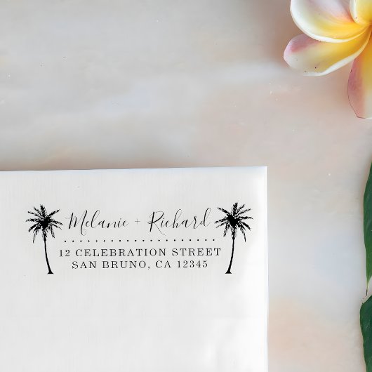 Elegante Script & Palm Trees Hochzeit-Rücksendeadr Gummistempel
