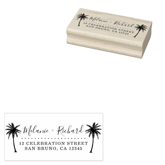 Elegante Script & Palm Trees Hochzeit-Rücksendeadr Gummistempel (Stempel)
