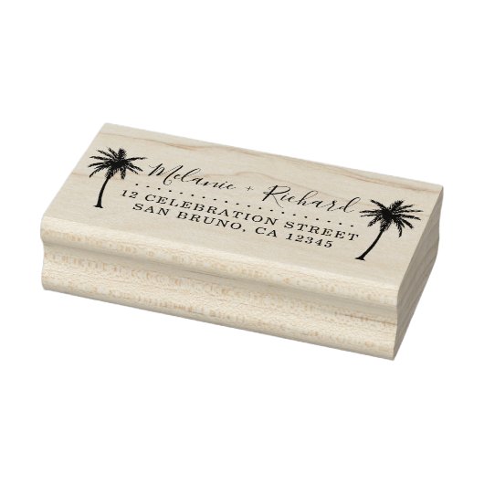 Elegante Script & Palm Trees Hochzeit-Rücksendeadr Gummistempel (Stempel)