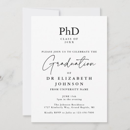 Elegante Script PhD Grad Foto Graduation Party Einladung (Vorderseite)