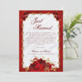 Elegante Script Red Gold Rose Blumenhochzeit Ankündigung (Stehend Vorderseite)