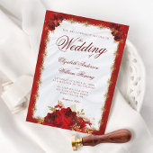 Elegante Script Red Gold Rose Blumenhochzeit Einladung