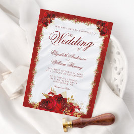 Elegante Script Red Gold Rose Blumenhochzeit Einladung