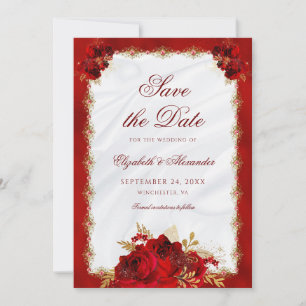 Elegante Script Red Gold Rose Blumenhochzeit Save The Date
