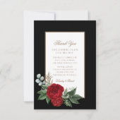 Elegante Script Red Peonies Black & Gold Hochzeit Dankeskarte (Vorderseite)