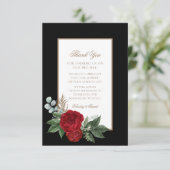 Elegante Script Red Peonies Black & Gold Hochzeit Dankeskarte (Stehend Vorderseite)