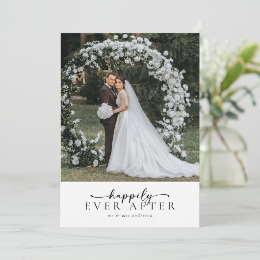 Elegante Script Romantic Foto Wedding Dankeskarte (Stehend Vorderseite)