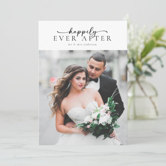 Elegante Script Romantic Foto Wedding Dankeskarte (Stehend Vorderseite)