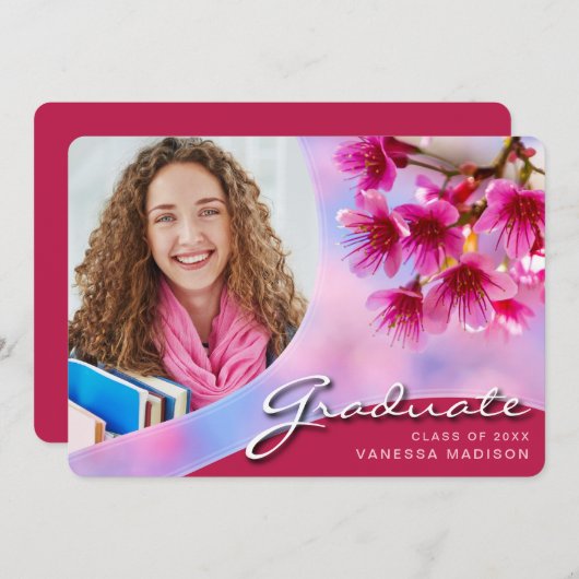 Elegante Script-Rosa-Blume | Modernes Foto Grad Ankündigung (Vorne/Hinten)