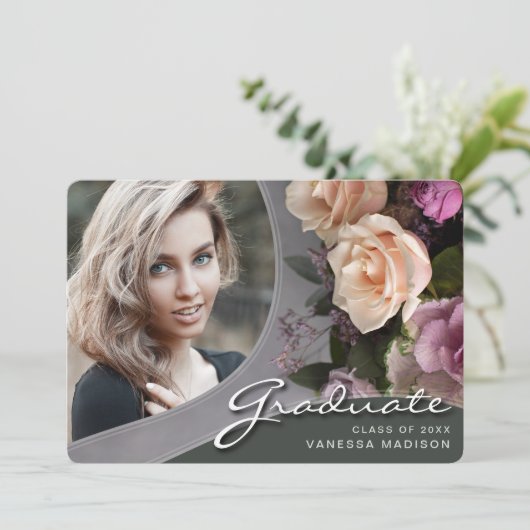 Elegante Script-Rose-Blume | Modernes Foto Grad an Ankündigung (Stehend Vorderseite)