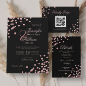 Elegante Script Rose Gold Confetti QR Wedding Blac Einladung