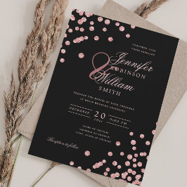 Elegante Script Rose Gold Confetti QR Wedding Blac Einladung