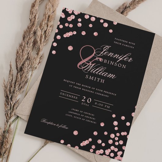 Elegante Script Rose Gold Confetti QR Wedding Blac Einladung