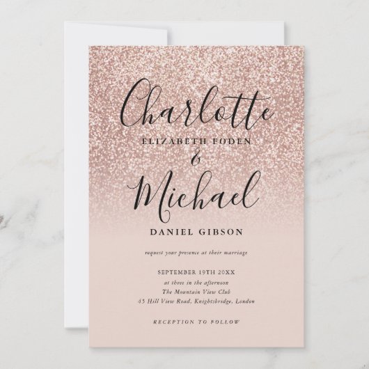 Elegante Script Rose Gold Glitzer Hochzeit Einladung (Vorderseite)