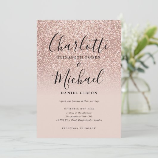 Elegante Script Rose Gold Glitzer Hochzeit Einladung (Stehend Vorderseite)