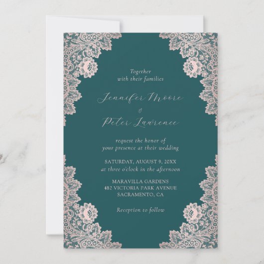 Elegante Script-Rose Gold und Aquamarine Hochzeit Einladung (Vorderseite)