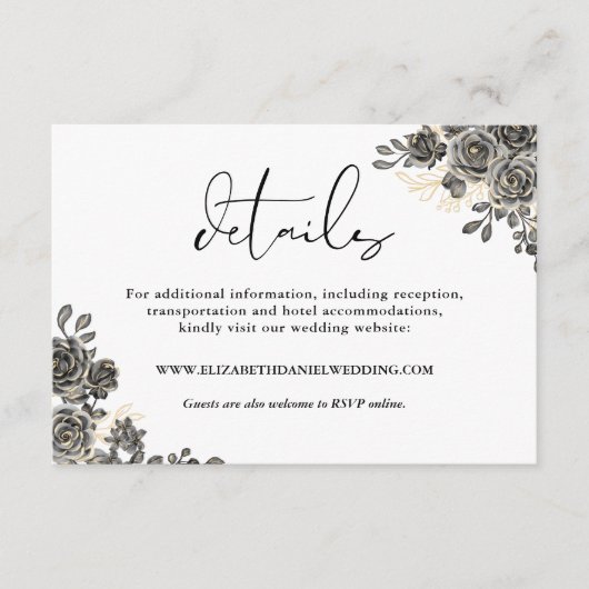 Elegante Script Rose Gotische Hochzeitdetails Begleitkarte (Vorderseite)