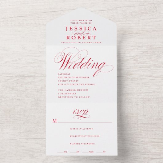 Elegante Script Rot-Weiß-Kalligrafie-Hochzeit All In One Einladung (Innen Boden)
