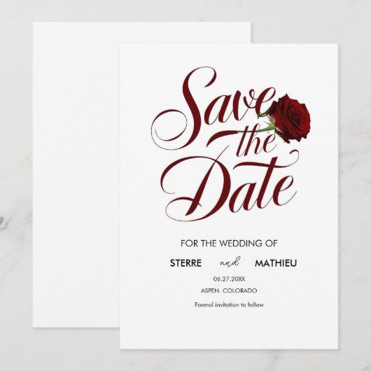 Elegante Script-Rote Rose Hochzeit Save The Date (Vorne/Hinten)
